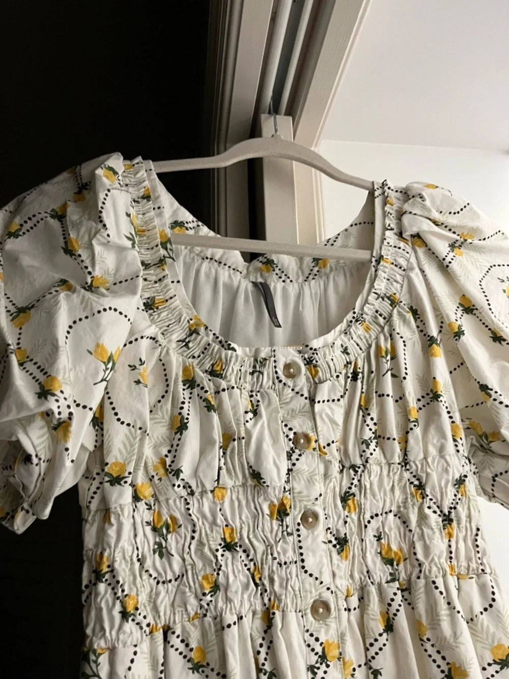 Anthropologie White Dress with Yellow Floral & Black Dot Trim size Small - Picture 5 of 8